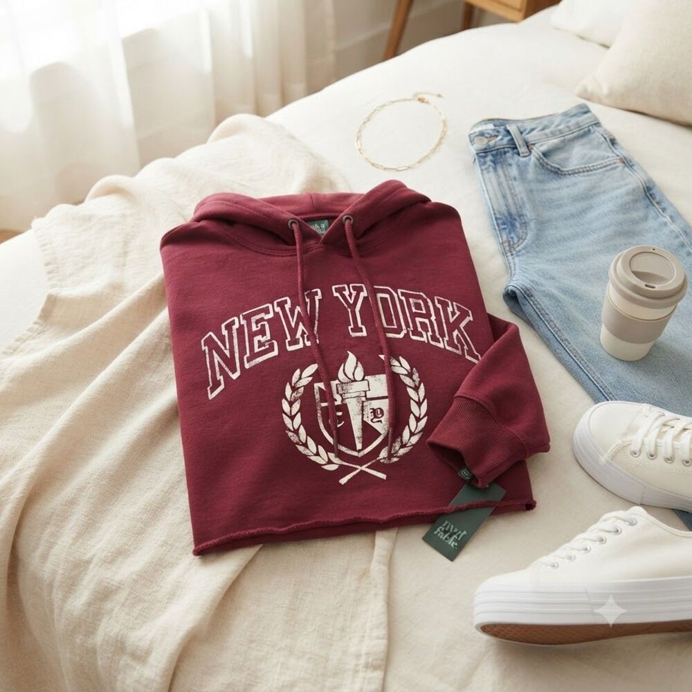 NWT Wild Fable Maroon New York Graphic Crop Hoodie Size XS
